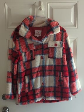 Woolrich Red Plaid Sherpa Shacket with Blue Accents